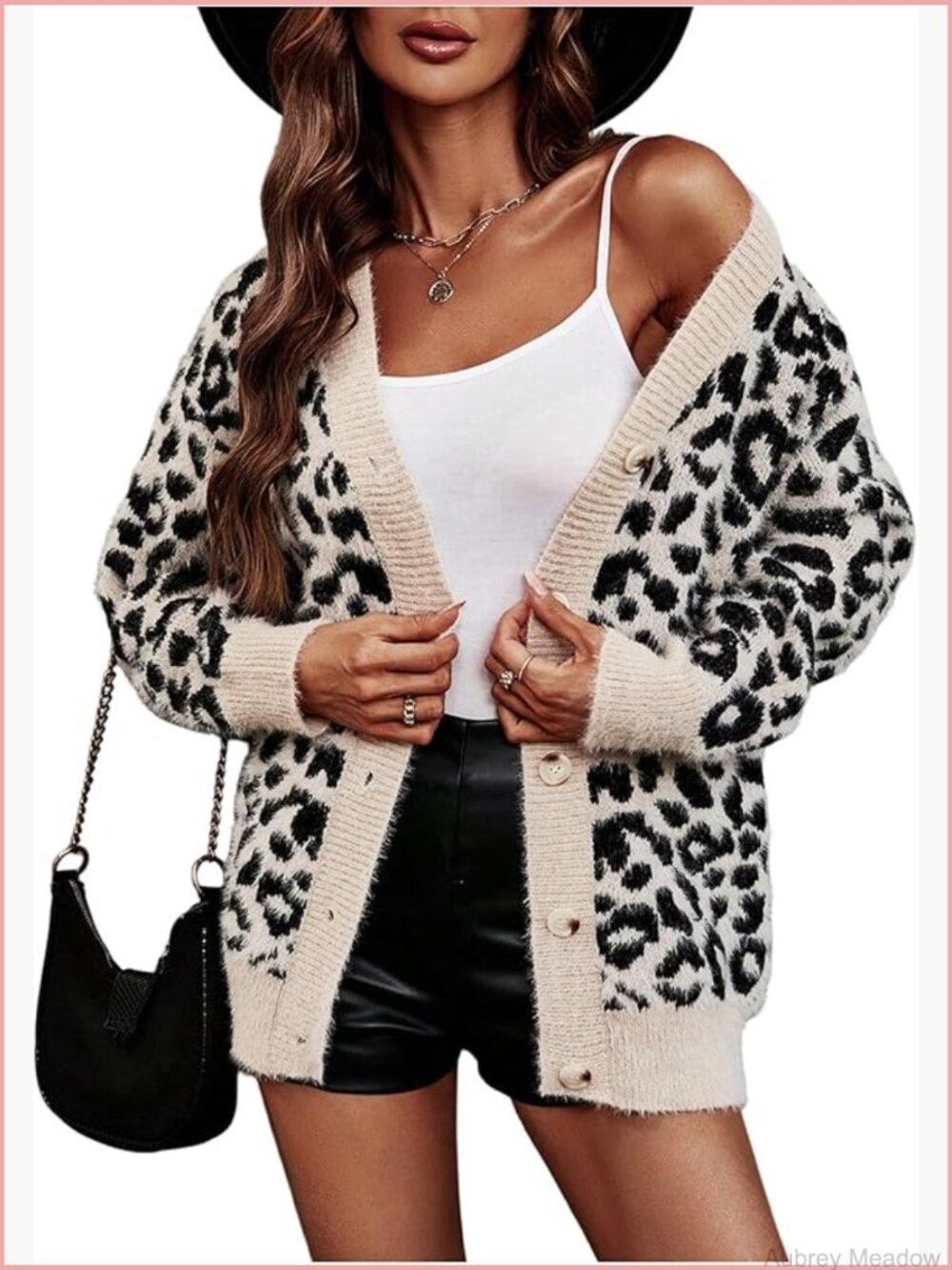 Fuzzy Leopard Print Button Up Cardigan Sweater Drop Shoulder Loose Casual Knit